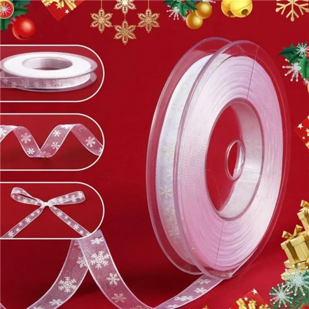 White Snowflake Christmas Ribbon 22 Yards Polyester for Gift Wrapping Crafts